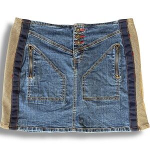 Y2K Blue Denim Mini Skirt Jukebox Stretch Mesh‎ Panels Zipper Pockets Buttons 9